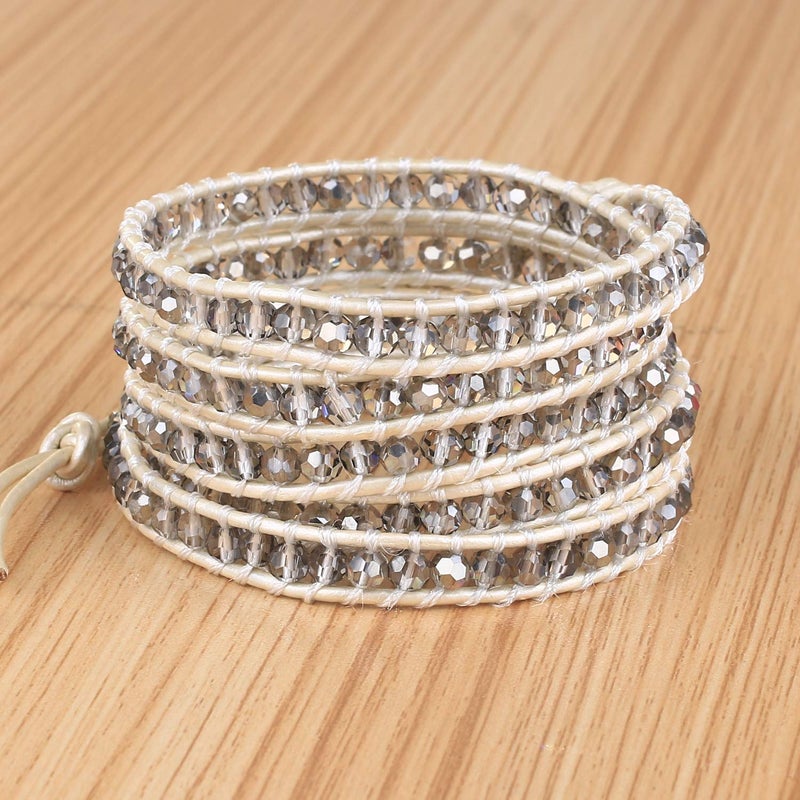 KELITCH New Gray Crystal Beaded 5 Wrap Bracelet On Leather Friendship Bracelets Jewelry for Womens - Image 4